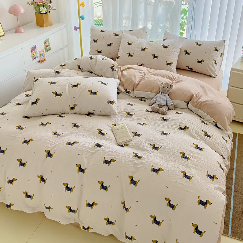 Cute Sausage Dog Duvet Cover Queen Gift for Dogs Lovers, Cartoon Puppy Dog Comforter Cover+Solid Color Flat Sheet+1/2 Pillowcase