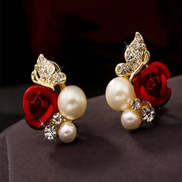 Delysia King 1 Pair Grace Women Trendy Red Rose Butterfly Ear Stud Anti Allergy Pearl High-grade Crystal Bridal Earrings