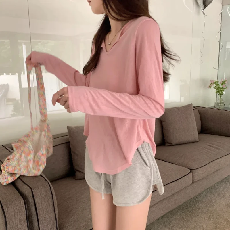 Korean 2024 Summer Women\'s New Patchwork V-neck Fashion Solid Color Minimalist Office Lady Versatile Casual Long Sleeve Tops