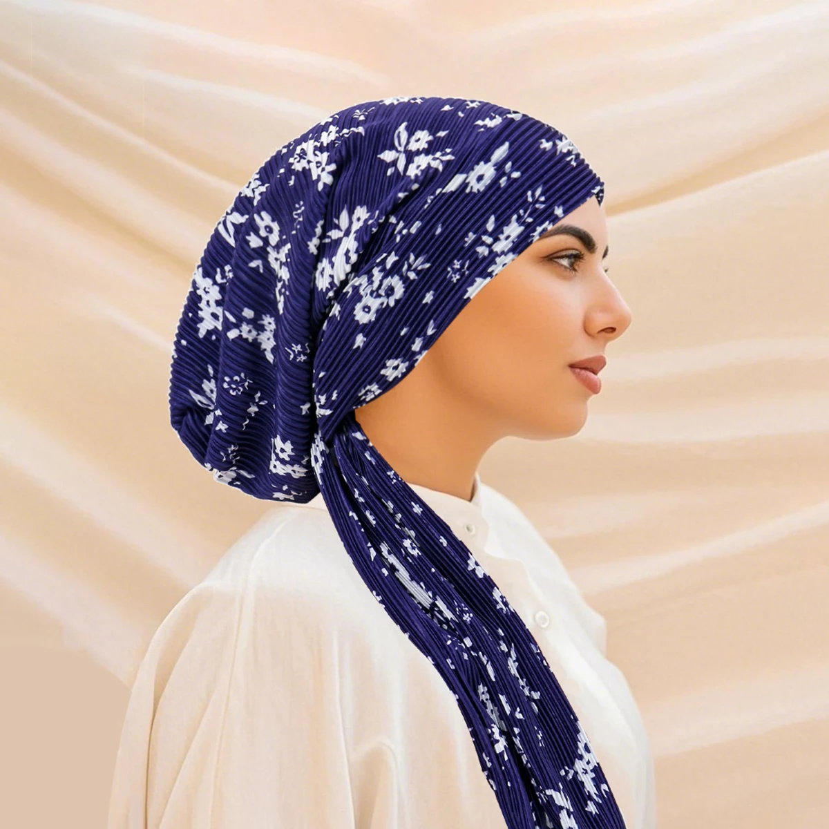 Nowy damski turban muzułmański z elastyczną gumką, chusta na głowę z kwiatowym nadrukiem, chusta na raka, czapka na chemioterapię, opaska na głowę z efektem \"crinkle\", bandana, 2025