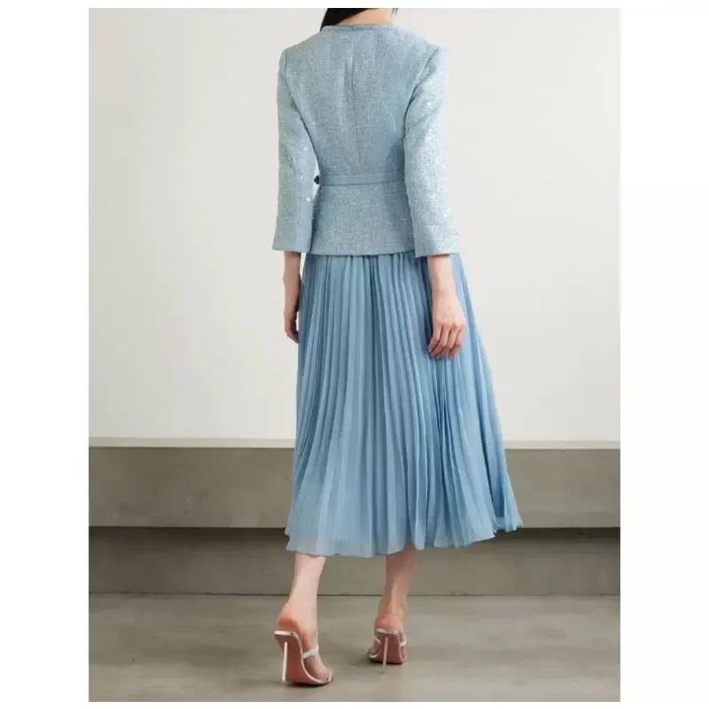 Women's Blue Long Sleeve High Quality New Elegant 2025 Tweed Knit Pleat Ruched Midi Dresses for Party New Year 2025