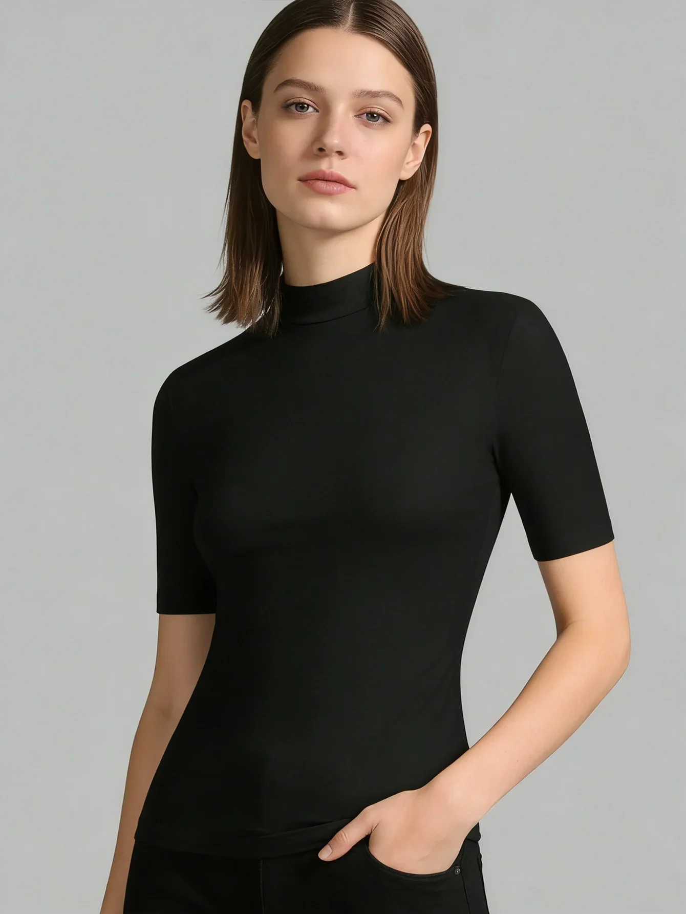Half high collar mid sleeve base shirt for women, can be worn as an inner layer or as an outer layer, tight fitting top