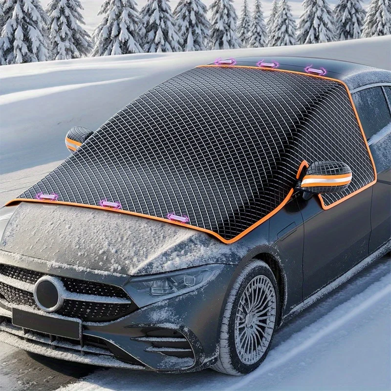 Windproof Snow Cover for Cars, Universal Windshield Frost Protector with Magnetic Edges, Durable Oxford Fabric