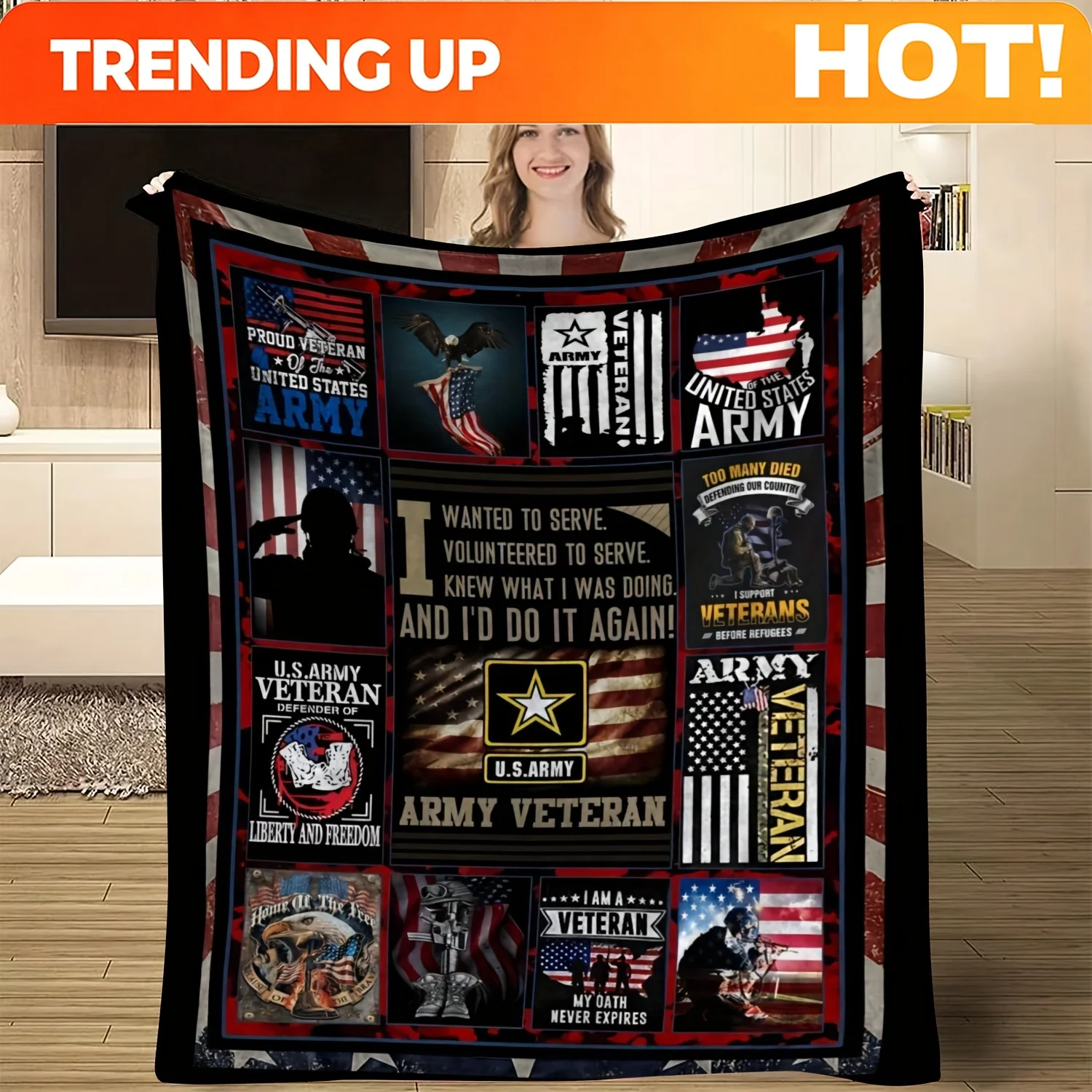 Customize US Army Veteran Tribute Quilt Flag Patriotic Decor Military Gift Home Wall Hanging Memorial Blanket Honor Service Hero