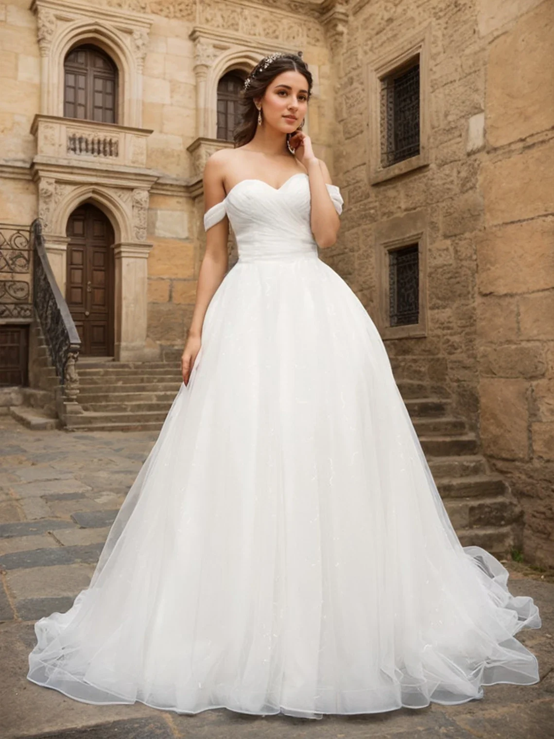 

Flavinke Customized Elegant sixy Romance A-Line Church Wedding Dresses Off-the-Shoulder Sleeveless Tulle Court Train Bridal Gown