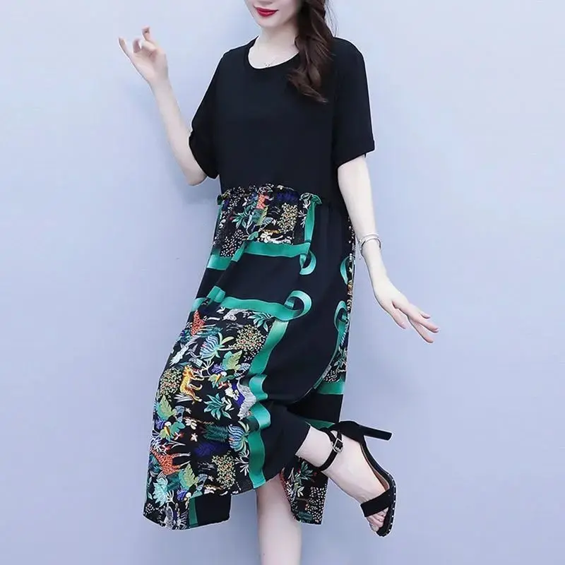 All-match Solid Color With Pockets Short Sleeve Fashion Summer Clothes for Women O-Neck Patchwork Printing Loose Straight Dress