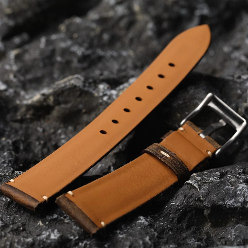 Handmade Head Layer Cowhide Watch Strap, 18 19 20 21 22MM Brown, Vintage Brushed Leather Bracelet, Thickened Men\'s Watch Strap