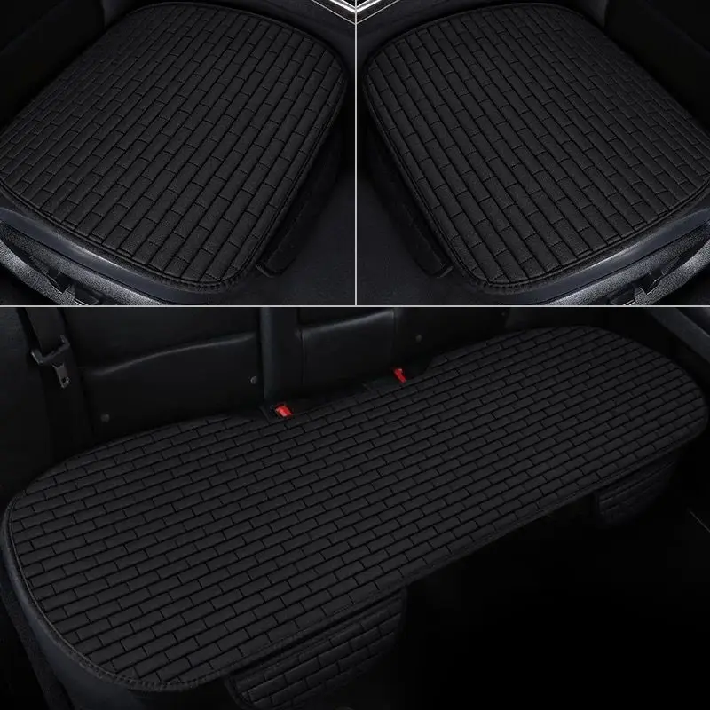 Summer Cool Breathable Linen Car Seat Cushion 3PCS Vertical Strip Quilted Anti Slip No Binding Easy Install Front Rear Seat Prot
