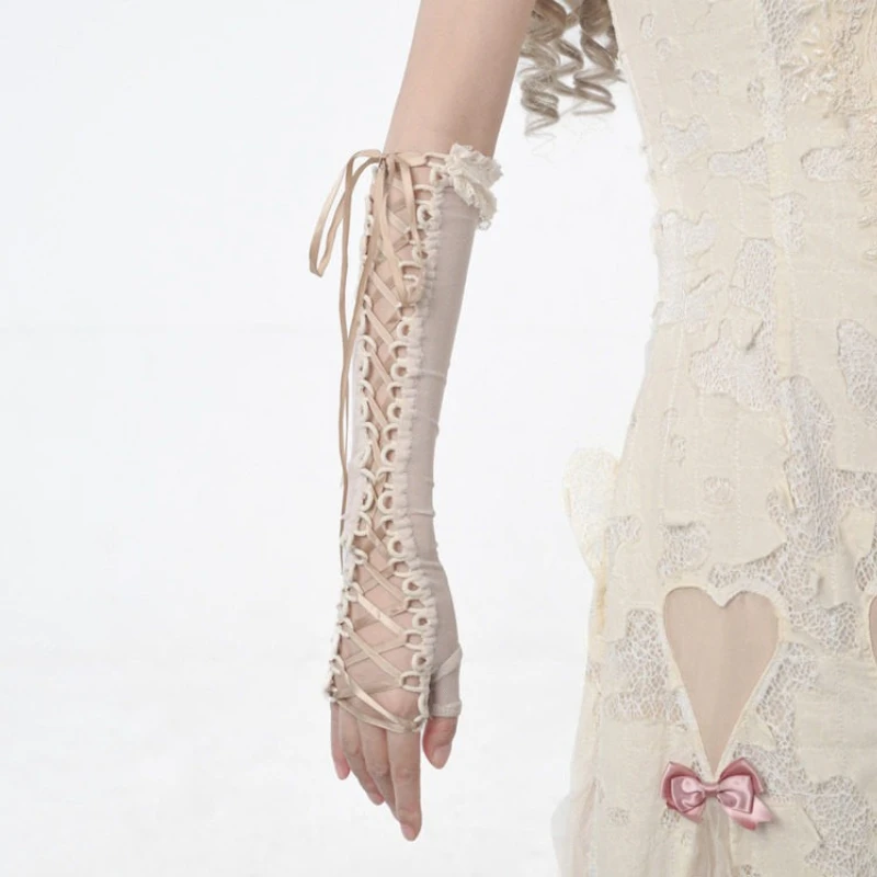 Niche Vintage French Elastic Tie Sleeve Cuffs Ins Thin Hollow Dress Arm Sleeves Dating Lolita Bride Skin Color Sleeve Cuffs