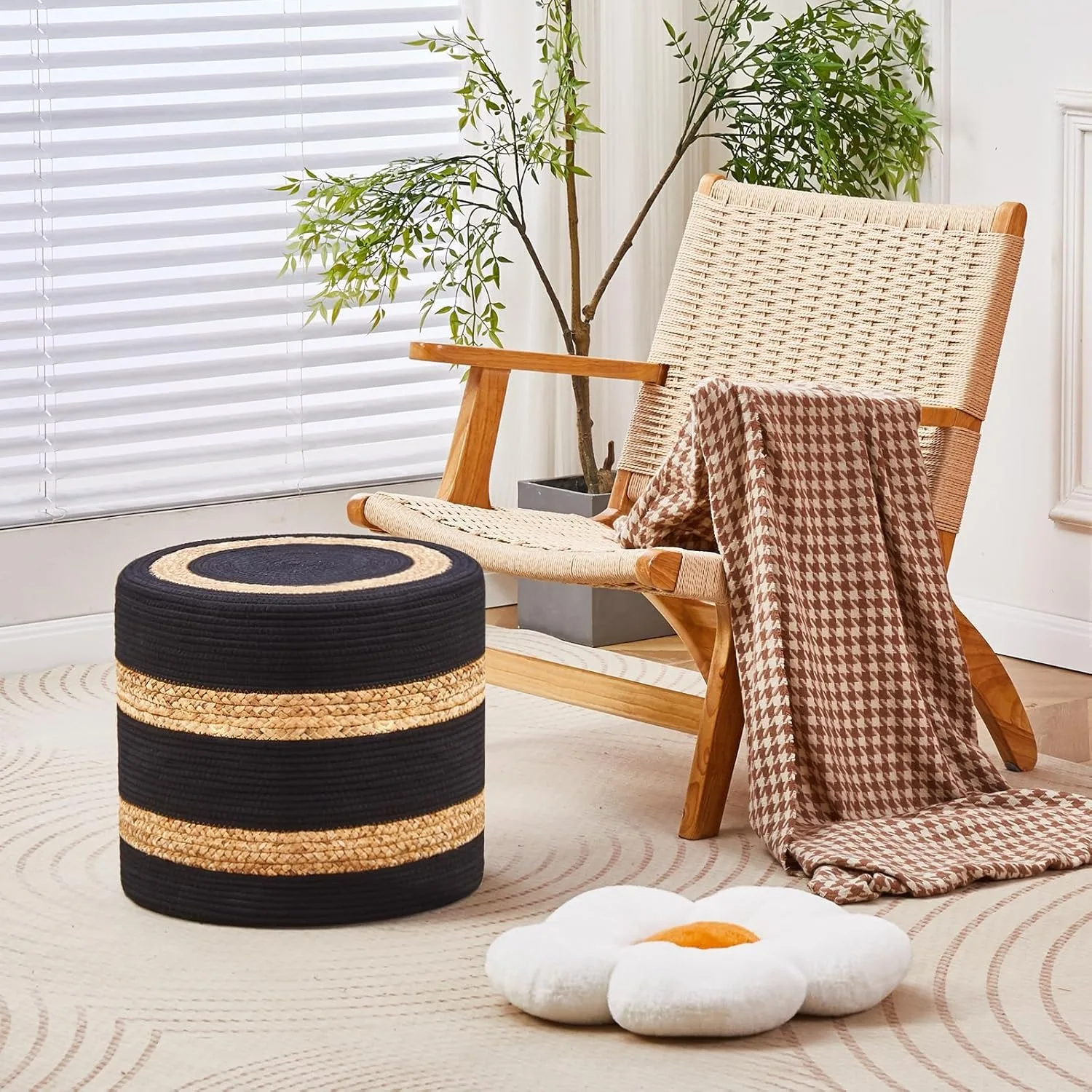 18'' Ottoman Pouf, Braided Poof, Rustic Handweave Lounge Pouffe, Boho Footrest Stool(Natural Water Hyacinth + Black Cotton Rope)