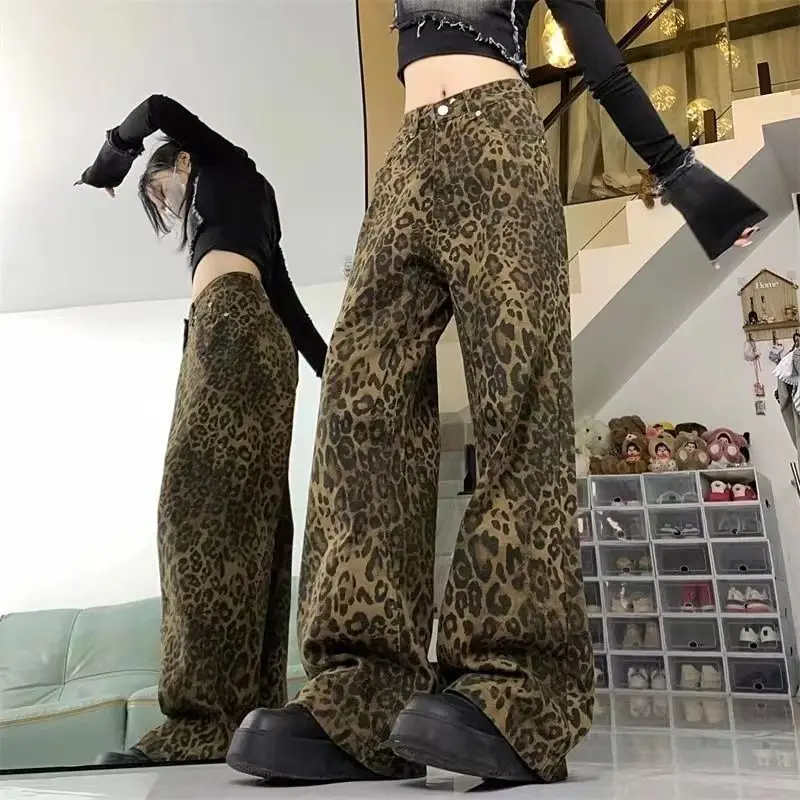 Leopard Print Jeans Trousers Women Loose High Waist Wide Leg Pants 2024 Spring Fashion Ladies Vintage Hip Hop Streetwears