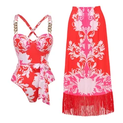 Contrast Flower Print Swimsuit and Tassel Skirt  Clearance Wholesale