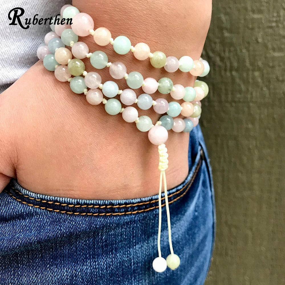 Ruberthen Natural Morgan Agate 108 Mala Knoteed Necklace Womens 6 mm Morgan Gemstone Yoga Bracelet Meditation Buddhist Jewelry