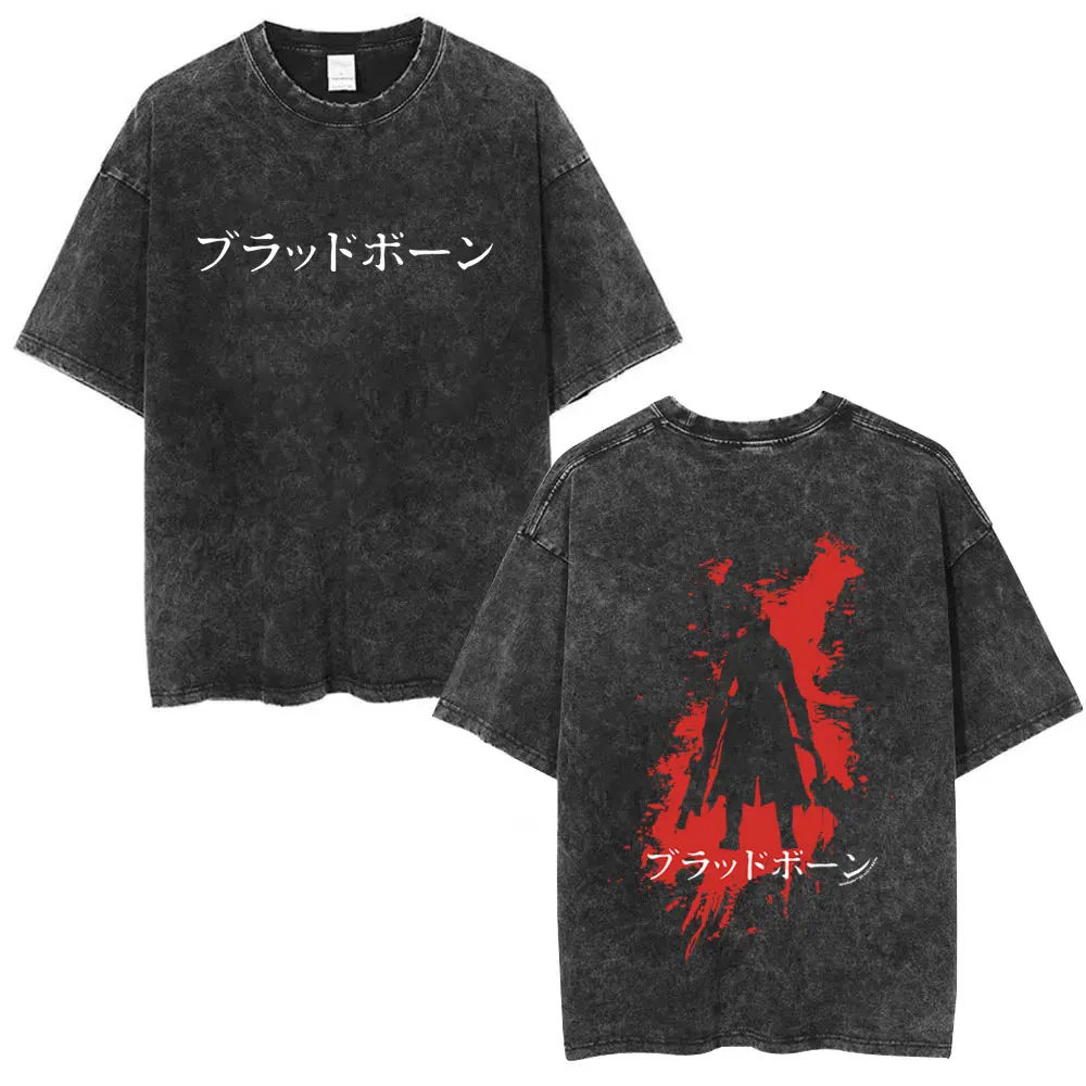 

Washed Vintage Game Bloodborne Horror Hunter Graphic T Shirt Men Women Clothing Casual High Quality Cotton T-shirts Fans Gift