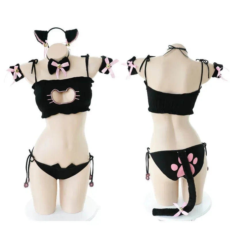 

2025 Halloween Cosplay Lovely Neko Cosplay Costumes Cute Lolita Cat Collar Pierced Bra Brief Set Underwear Sexy Lingerie Bell Ch