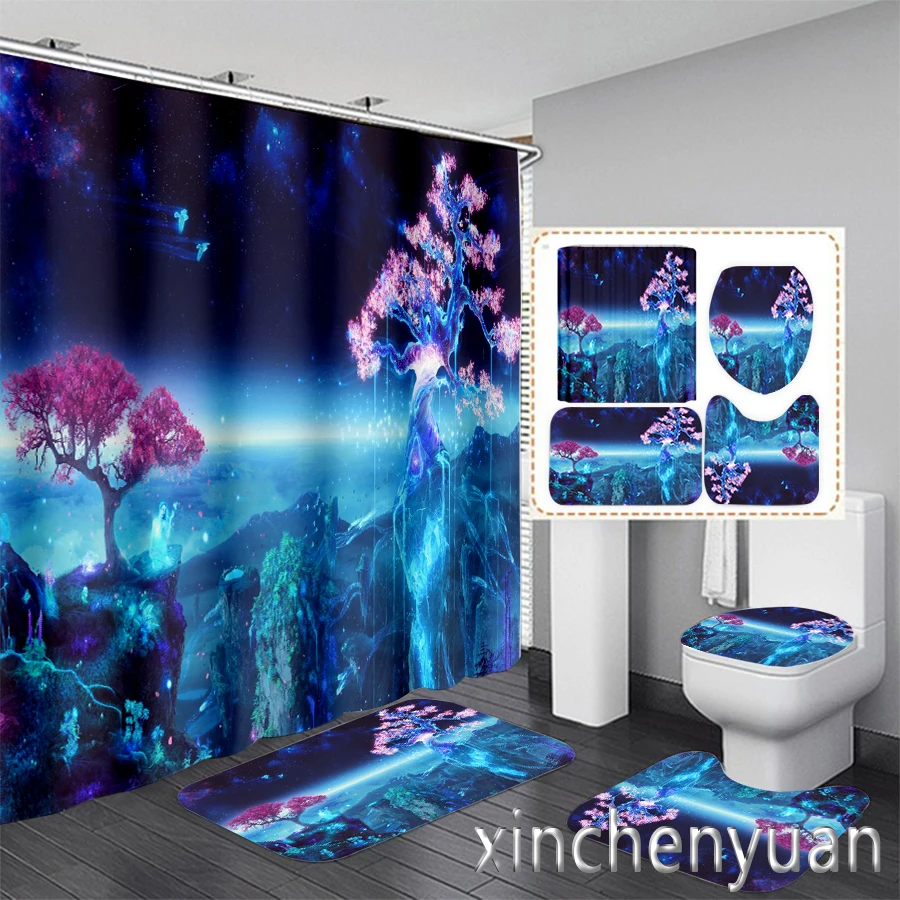 New 3D Print Color Fantasy Tree Shower Curtain Waterproof Bathroom Curtain Anti-slip Bath Mat Set Toilet Rugs Carpet VR43