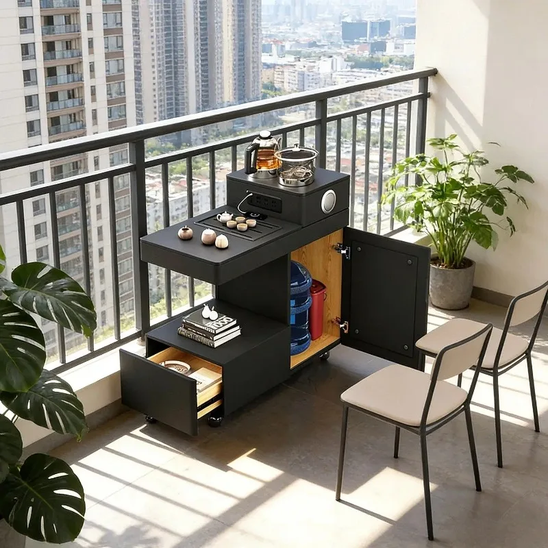 

Solid wood balcony tea table cabinet small apartment movable small tea cart light luxury household kettle integrated sofa side c