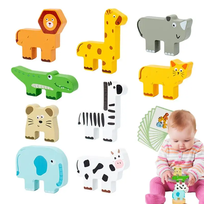 Wooden Animal Stacking Toys Animal Blocks Stacking Balance Toy Realistic Animal Image Learning Toy For Home Outdoors School