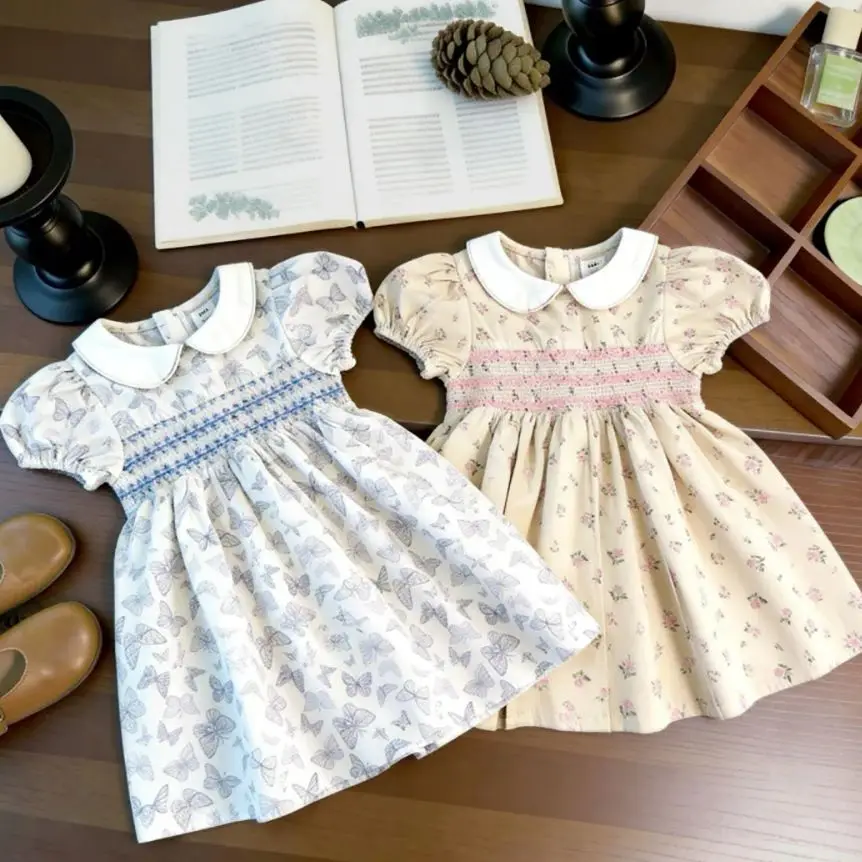 

Платье с цветочным принтом для девочек от 0 до 5 лет, летние милые платья принцессы с воротником Питер Пэн и короткими пышными рукавами для детей, детские платья для дня рождения