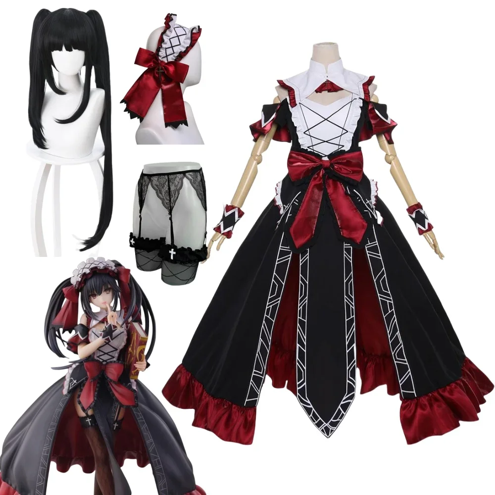 

Tokisaki Kurumi Cosplay Costume Wig Anime Date A Live Cosplay Women Nightmare Black Dress Costume Halloween Party Set