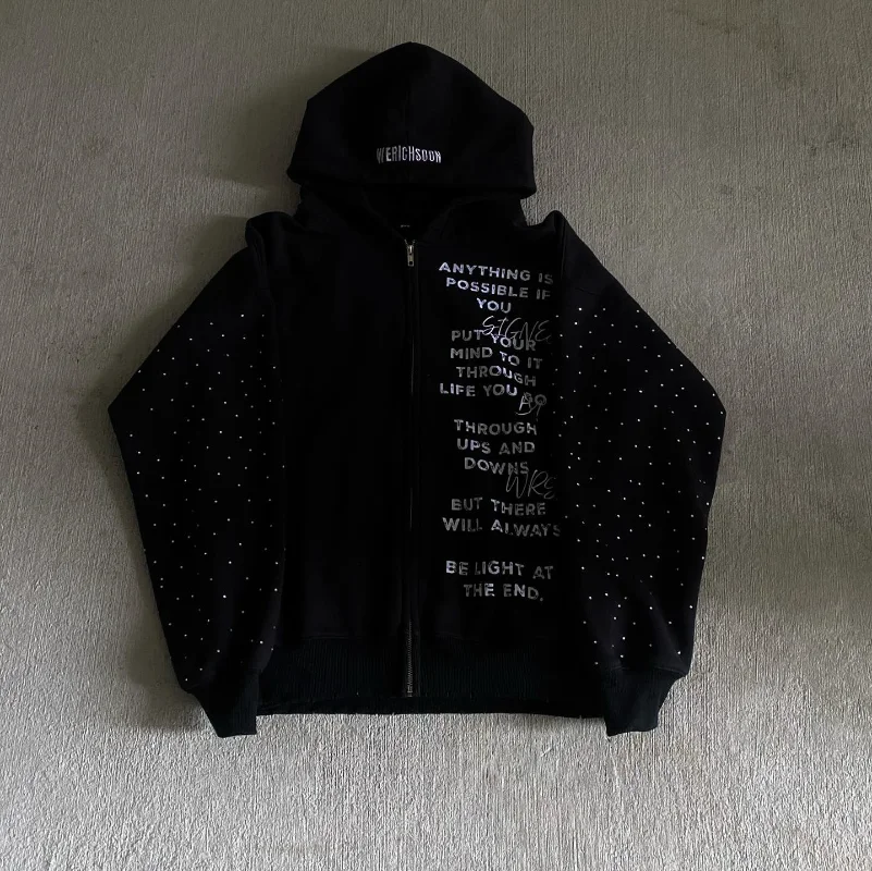 

American Fashion Embroidery Personality Flash Diamond Oversize Zipper Hoodie Men Y2K New Harajuku Gothic Casual Joker Sweatshirt