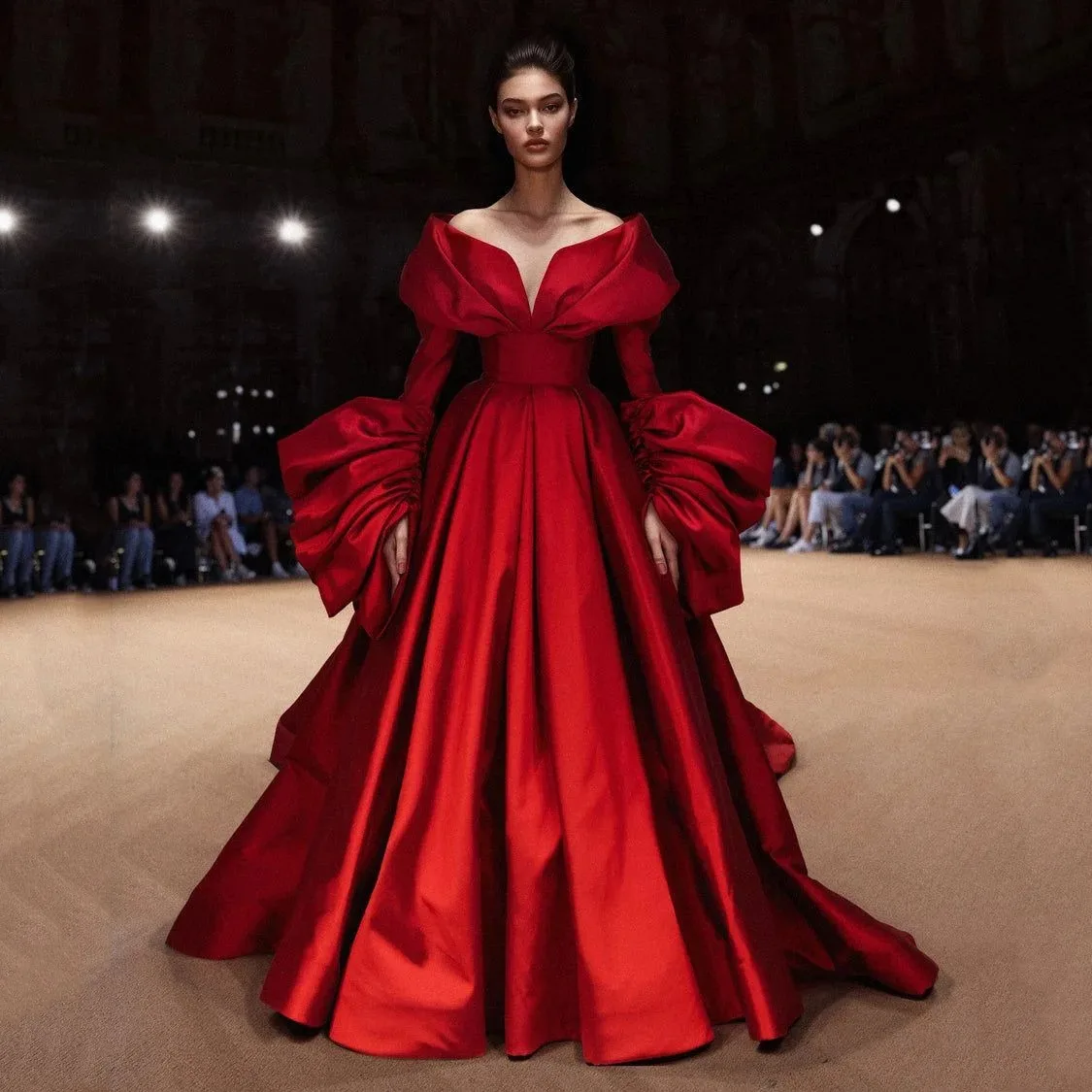 

Custom New Couture Red Prom Dress Off Shoulder Taffeta Prom Gowns Arabic Long Ruched Maxi Dresses Draped Pleated Flare Sleeves