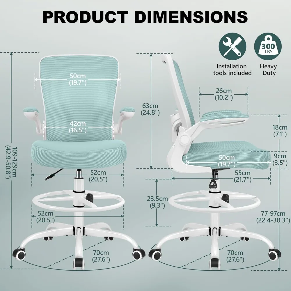 كرسي مكتب طويل مريح، كراسي شبكية قابلة للتنفس مع مسند قدم قابل للتعديل ودعم قطني ومساند للذراعين قابلة للطي