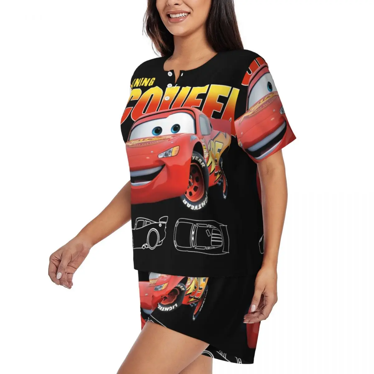 Custom Lightning Mcqueen Cars Pajamas Set Women\'s 2-Piece Short Sleeve Sleepwear Loungewear PJ Shorts Sets