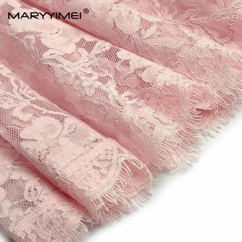 فستان نسائي موضة ربيع الخريف من MARYYIMEI بياقة مكشكشة وأكمام مضيئة فساتين دانتيل مخططة