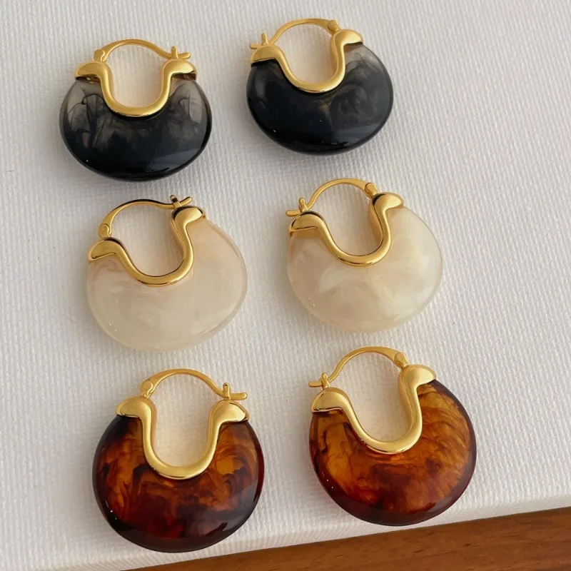 

Minar French Retro Multicolor Resin Chunky U Shaped Hoop Earrings for Women Girls 18K Real Gold Plated Copper Statement Jewelry