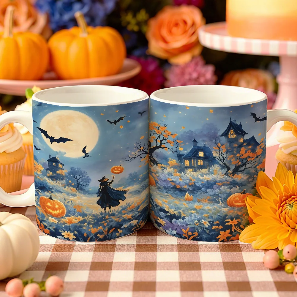 1pc Vintage Watercolor Coffee Mug Suitable for Halloween Gift - Spooky Witch, Jack-O-Lantern & Full Moon, Dishwasher Cup with Lip-Friendly Rim for Tea, Cocoa, for, Office, Party Use - for &