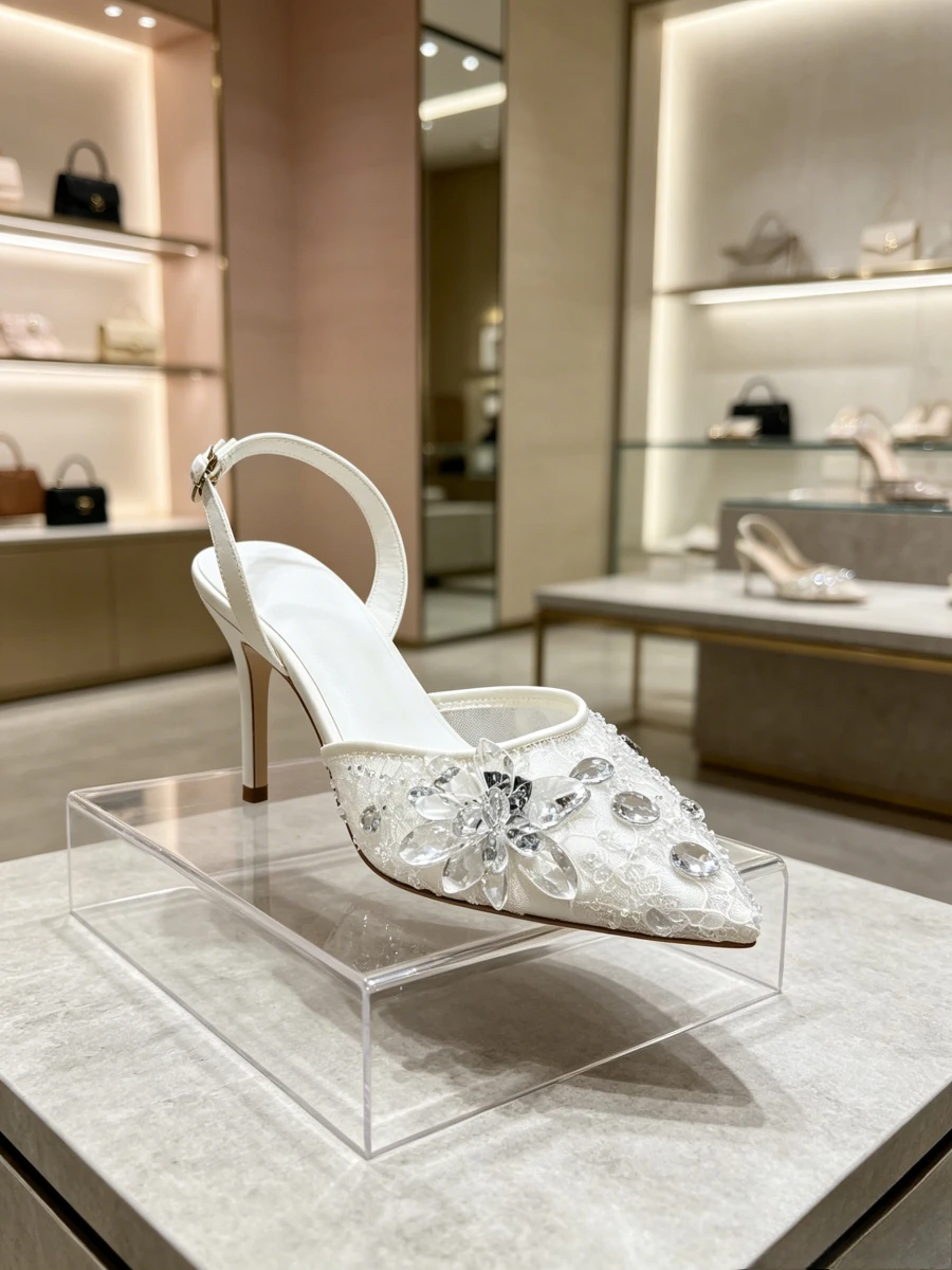 Pure White Lace 3D Big Crystal Flower Pointed Slingback Stiletto Heels, Elegant Runway Bridal Evening High Heels Mature Ladies