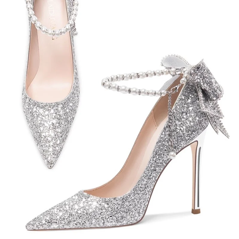 

Spring and summer new pointed satin sequin pearl rhinestone bow shoes thin high-heeled banquet dress small size women's sandals