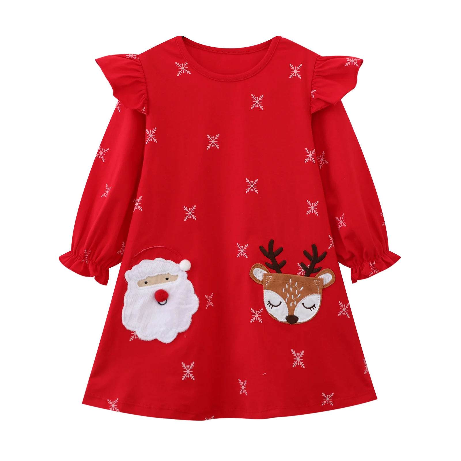 ชุดเดรสผ้าฝ้าย 100% สำหรับเด็กผู้หญิงในวันคริสต์มาสพร้อมแขนเสื้อระบาย - ลายซานตาคลอส/กวางคริสต์มาส/เกล็ดหิมะ - สไตล์ฤดูใบไม้ร่วงและฤดูหนาว