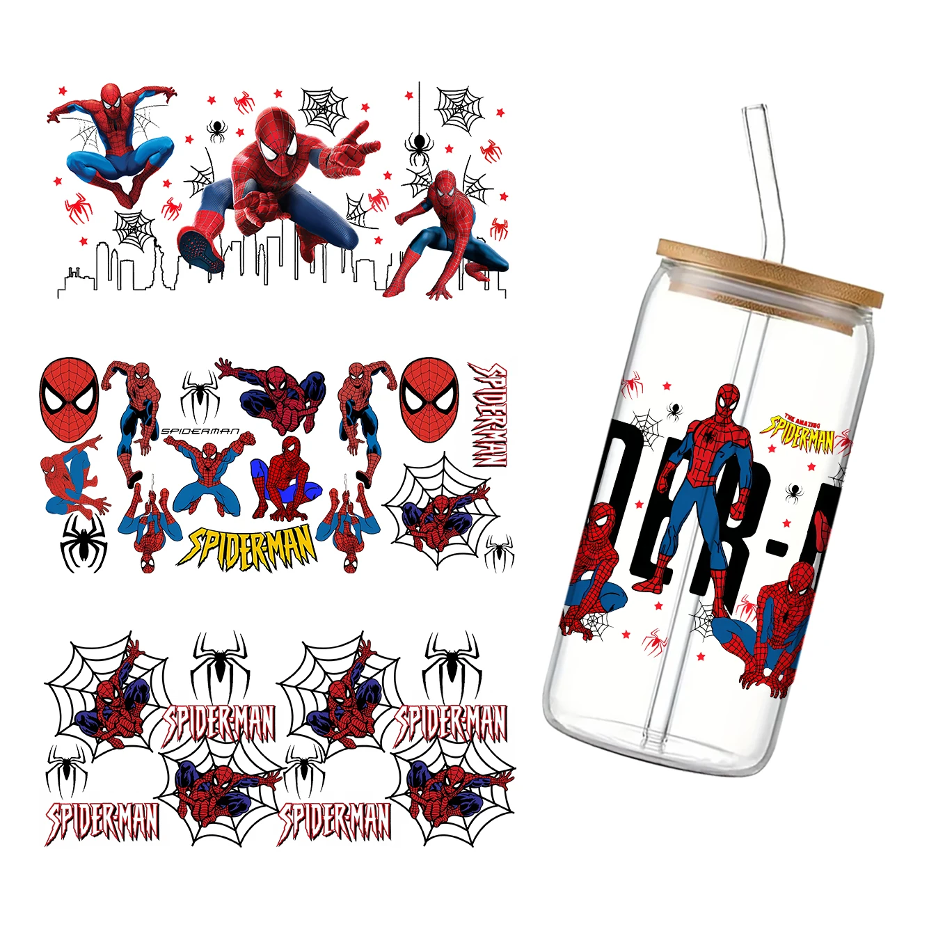 Cartoon Cute Disney Spider Man Pattern UV DTF Sticker Waterproof  Decals For 16oz Glass Cup Wrap Stickers