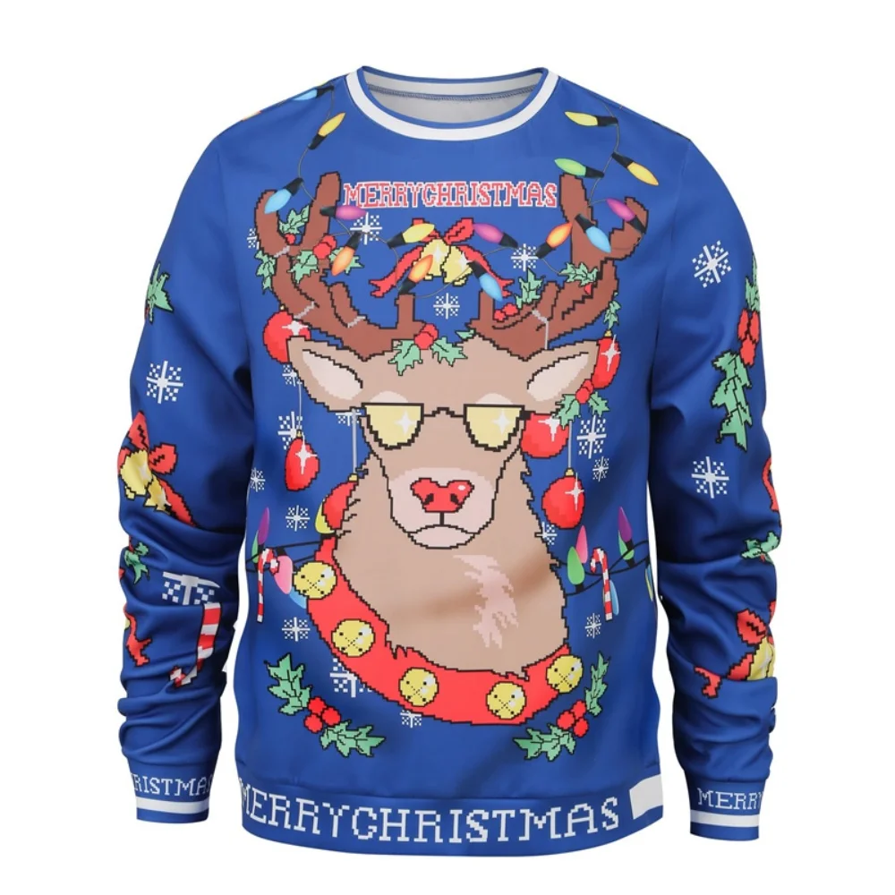 Cute Reindeer Snowman Graphic 3D Print Men Long Sleeves Sweatshirts Casual Autumn Ugly Christmas Autumn Winter Pullovers Tops