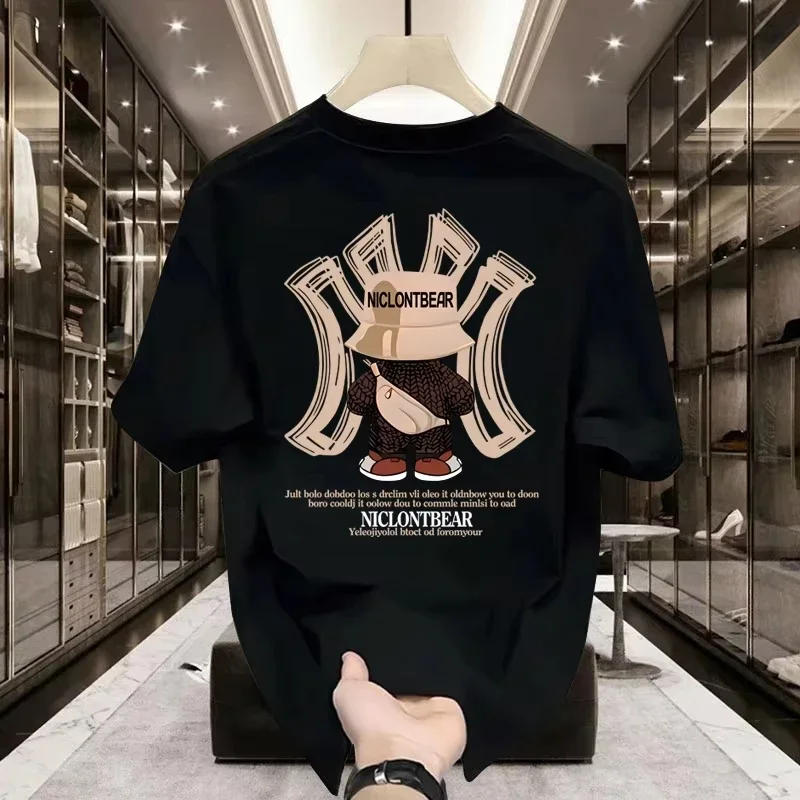 Modisches Bären-Print Rundhals-Kurzarm-T-Shirt für Herren, Sommerliche Amerikanische Modemarke, Halbarm-Oberteil im Losen Schnitt – Detail 4