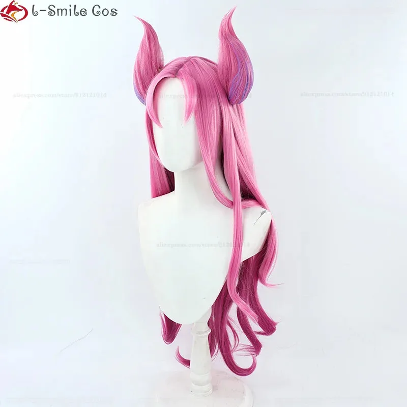 Dd12game lol star guardião peruca cosplay 90cm longo rosa gradiente kaisa anime perucas com orelha resistente ao calor cabelo sintético