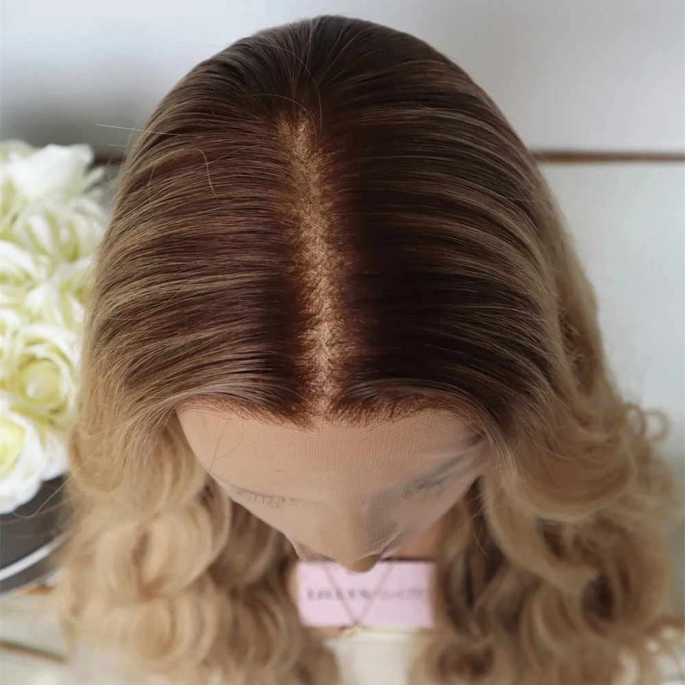 

Luxury Wave Womens Wig Cosplay Party Lace Frontal Wigs Balayage Highlighted Golden blonde with brown roots Heat Friendly Fibre
