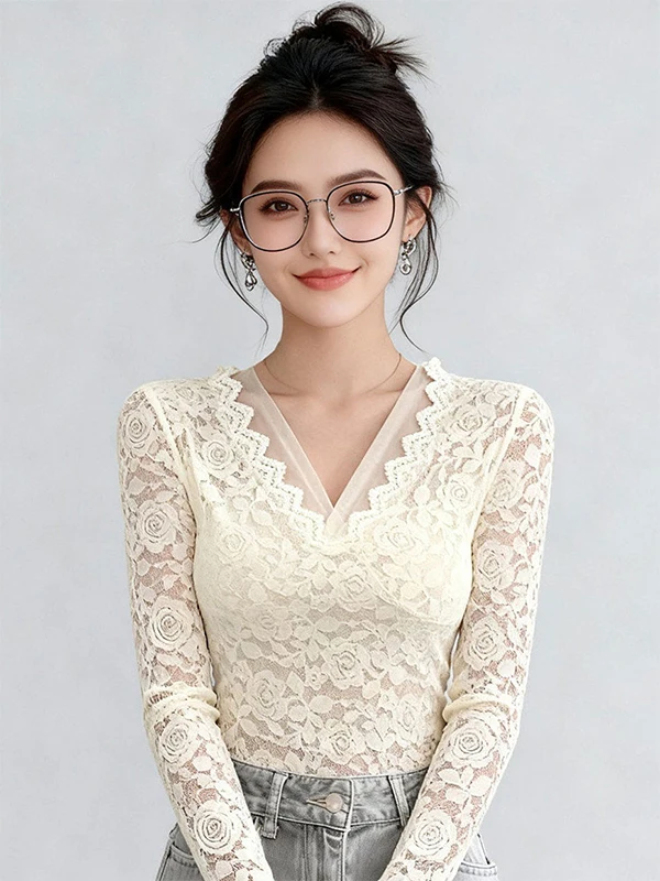

Autumn Winter Lace Trim Fleece Lined Slim Fit V Neck Base Shirt Women's Spring New Style Short Inner Wear Top Commute Style