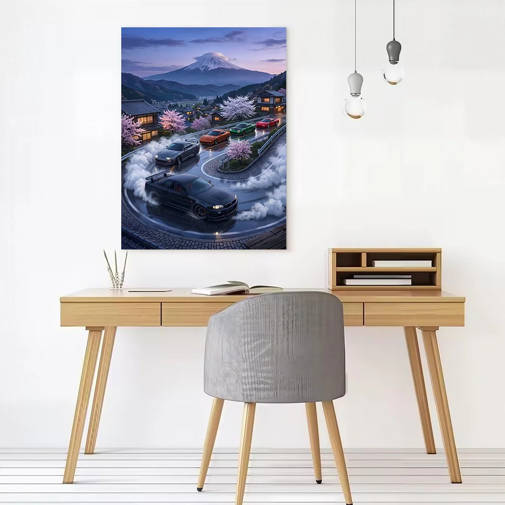 Drifting Cars With Mount Fuji Backdrop Printed Canvas Wall Art Customizable Paintings Poster Perfect Gift for Bedroom Decor Room