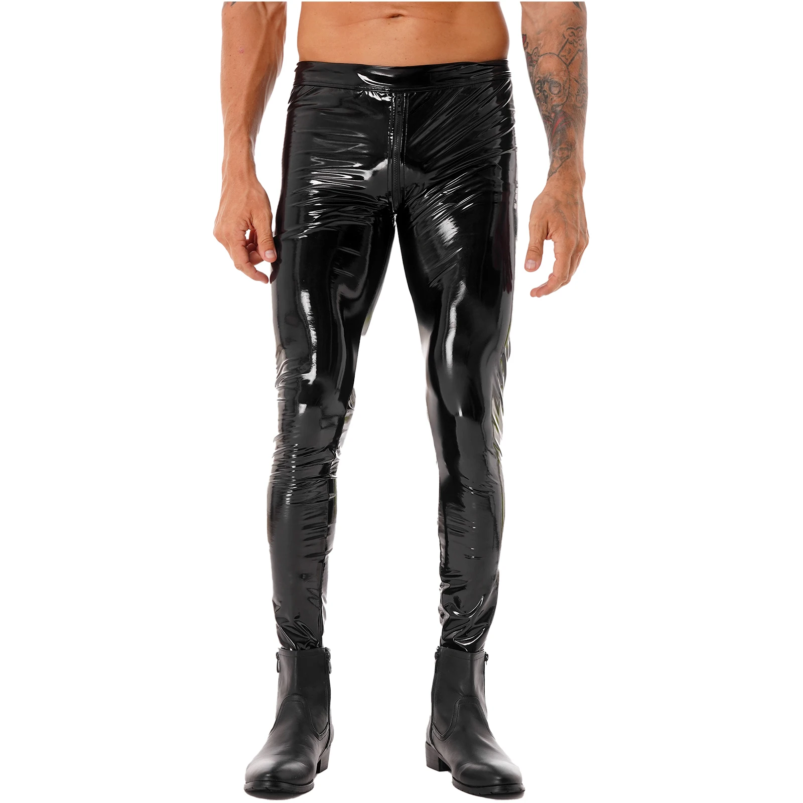 Mens Motorcycle Tight Long Pants Two-way Zipper Crotch Fashion Trousers Wet Look Patent Leather Skinny Pants Clubwear Leggings