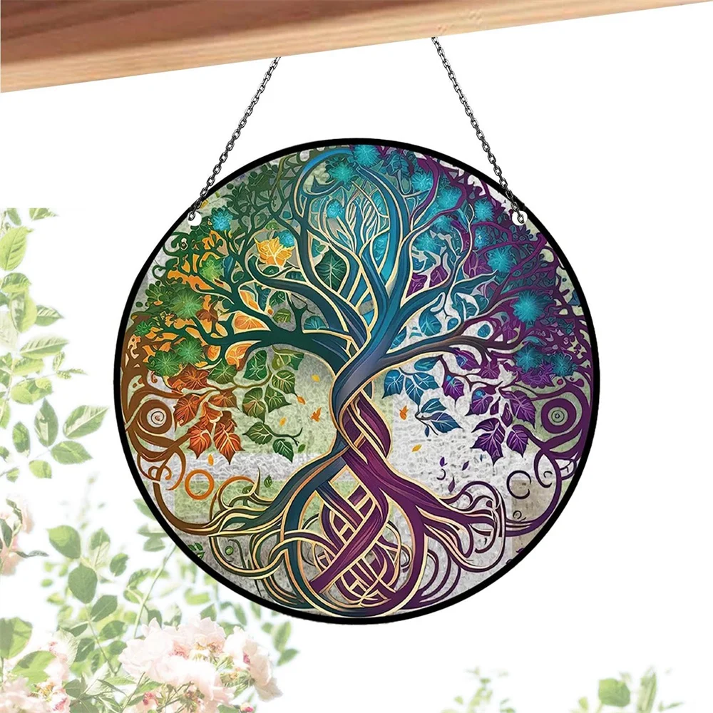 Glass Pattern Tree of Life Decor Stained Suncatcher for Window Hanging Ornament Panel Decor Birthday Gift for Mom