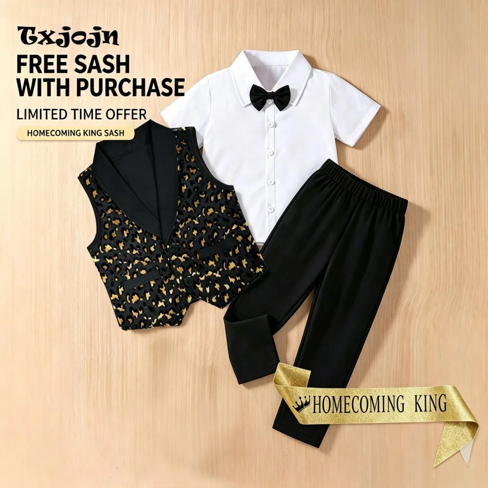 Boy's Formal Suit Set for Events Children's 3 Piece Set Leopard Printed Clothes Short-sleeve top Pants Vest Kids Party Outfit