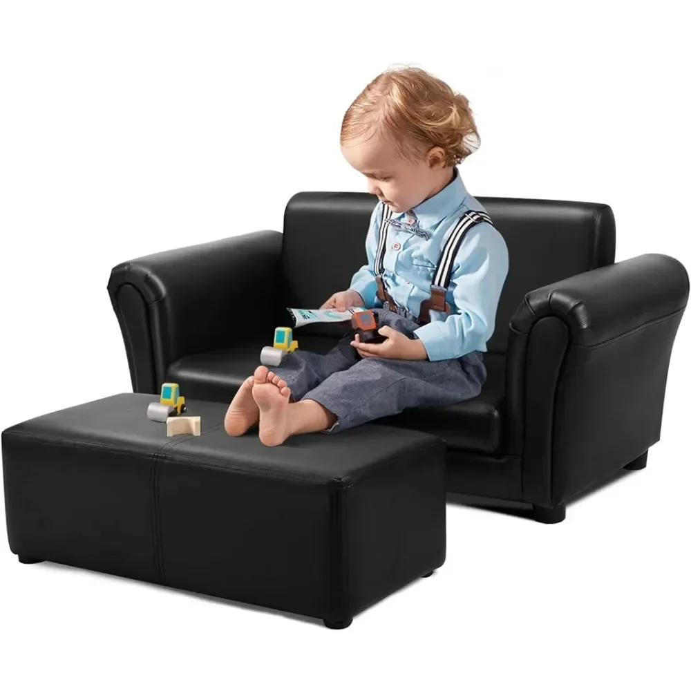 

Kids Sofa with Footstool, 2 Seat Armrest Children Sofa, Upholstered Couch Chair w/Wood Construction & Backrest