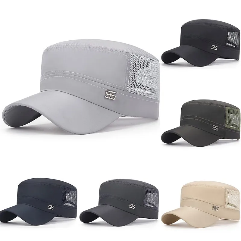 2024 New Classic Flat Top Mens Caps Army Hat Adjustable Linen Cap Spring Summer Outdoor Breathable Mesh Military Snapback Hats