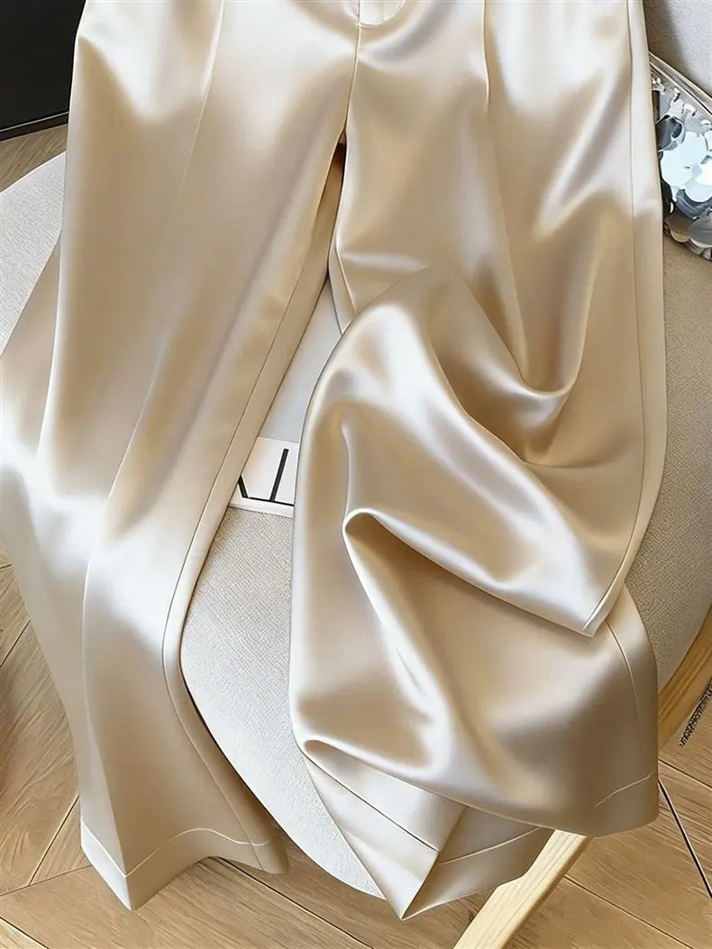 Silk Women's Pants Solid Color Champagne Ladies with Wide Leg Pants New High Waist Breathable Satin Summer Suit Women's Pants