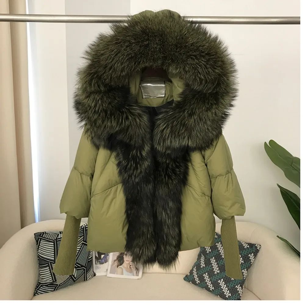 Reality Duck Down Jacket Woman Hooded Warm Loose Natural Real Fox Fur Coat Oversize Streetwear Outerwear Thick Winter Jacket