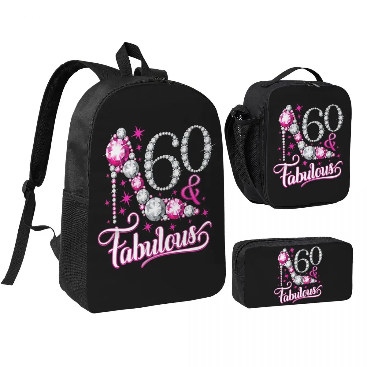 

60th Birthday Design. 60 And Fabulous Lady's Backpack BookBag School Bag Shoulder Bags 3ps Insulated Lunch Bag Pencil Case
