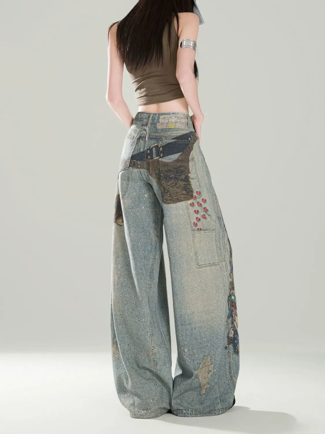 American Retro Printed Jeans For Women In Autumn/Winter 2025 Pear Shaped Figure, Slimming Straight Leg Wide Leg Pants